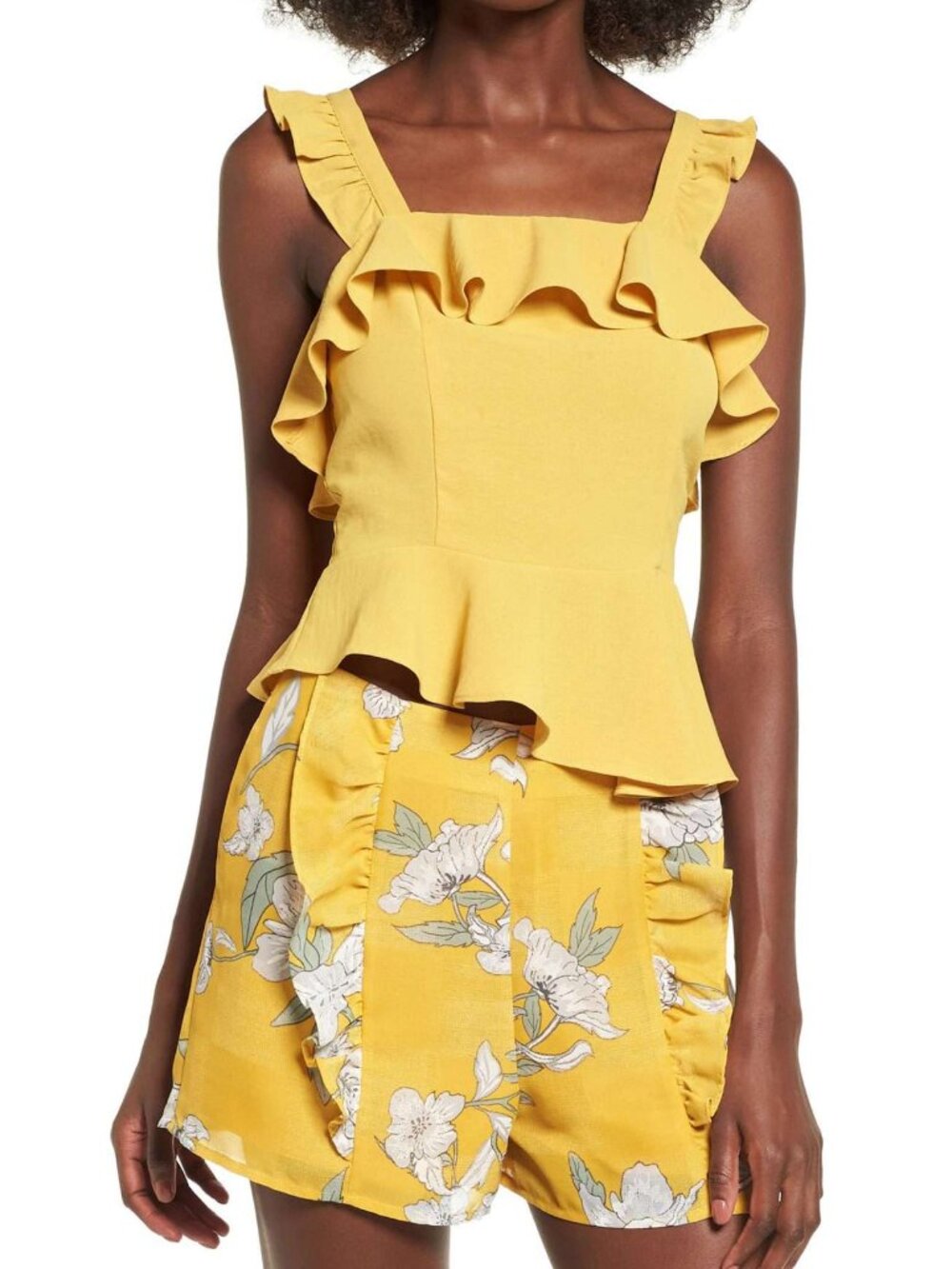 J.O.A X Chriselle Lim Quince Ruffle High-Waisted Floral Shorts